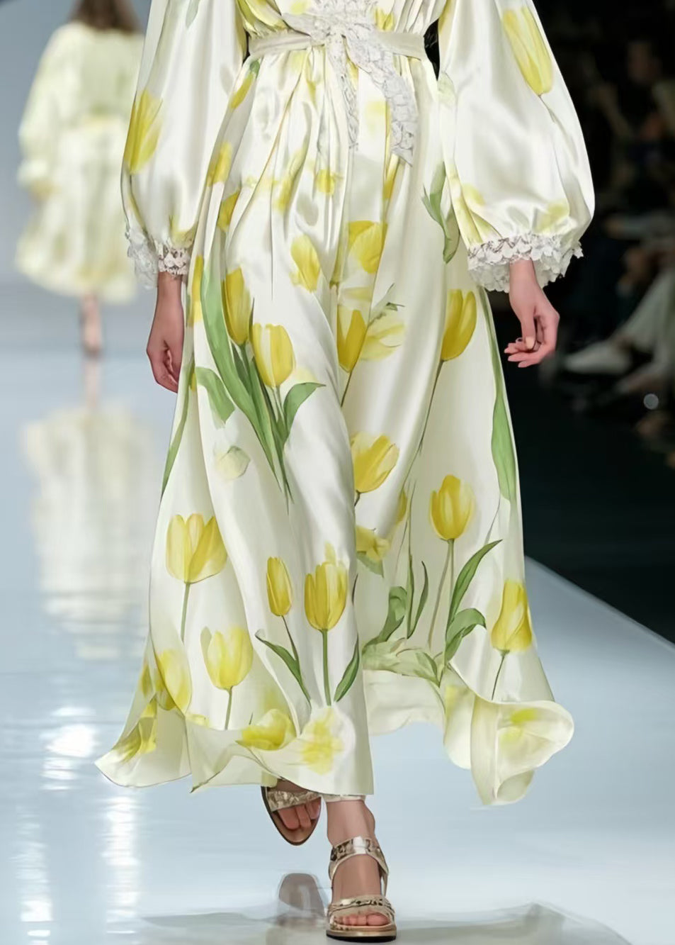 Beautiful Yellow Floral Silk Party Dress Tie Waist Spring