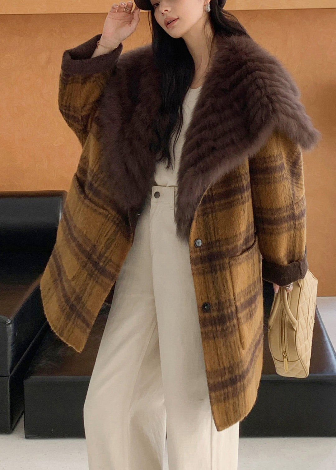 Beautiful Yellow Fur Collar Plaid Pockets Wear On Both Sides Woolen Coats Fall