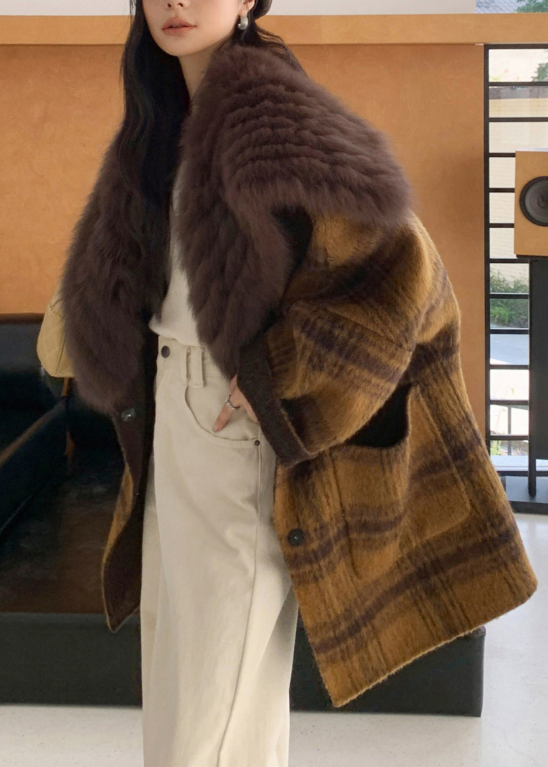 Beautiful Yellow Fur Collar Plaid Pockets Wear On Both Sides Woolen Coats Fall
