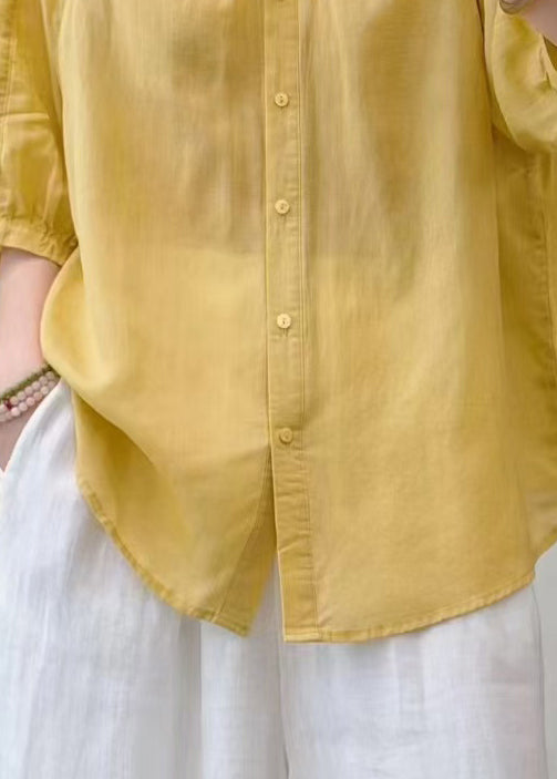Beautiful Yellow O-Neck Wrinkled Linen Blouse Top Summer