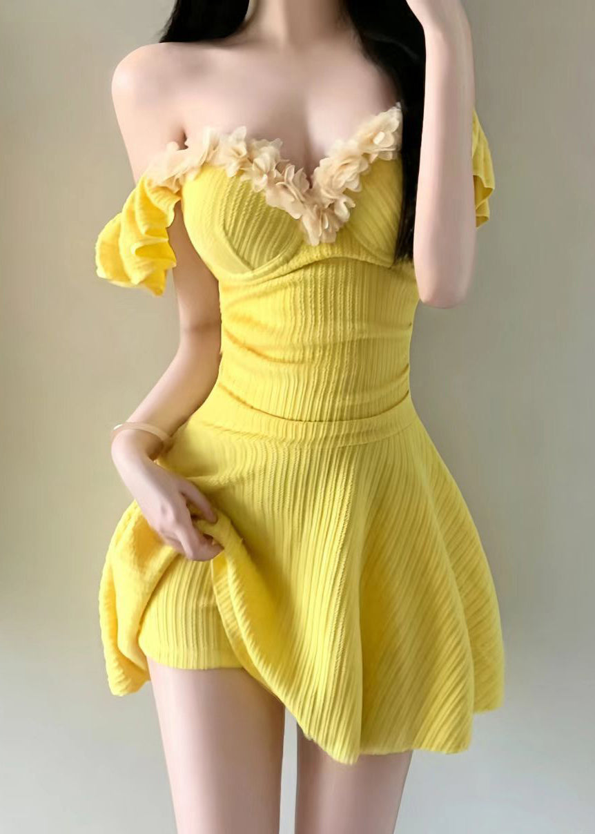 Beautiful Yellow Patchwork Ruffled Swimwear Dress Bodysuit