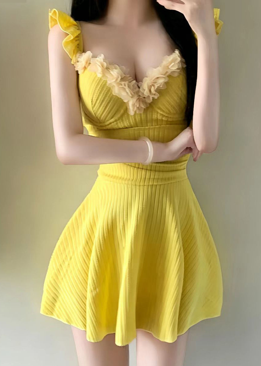 Beautiful Yellow Patchwork Ruffled Swimwear Dress Bodysuit