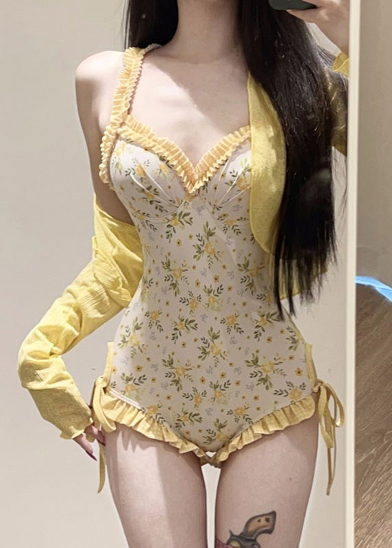Beautiful Yellow Print Smock And Bodysuit Lingerie Set