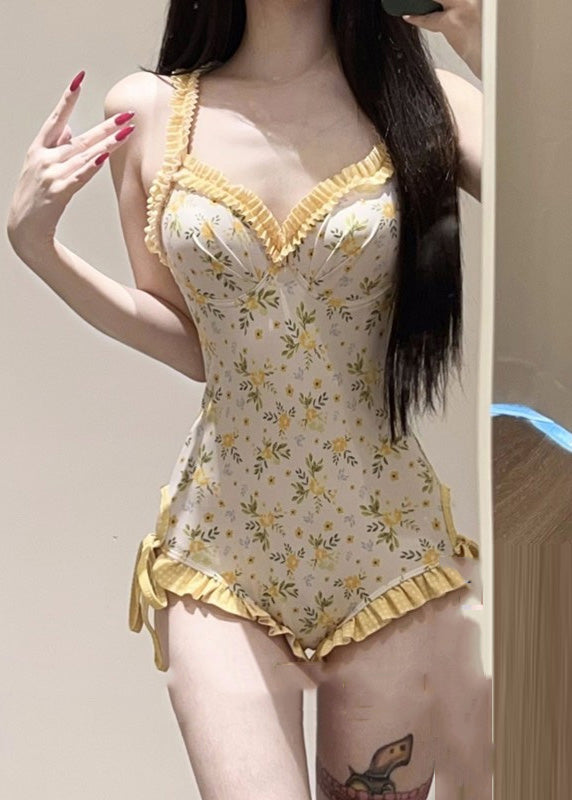 Beautiful Yellow Print Smock And Bodysuit Lingerie Set