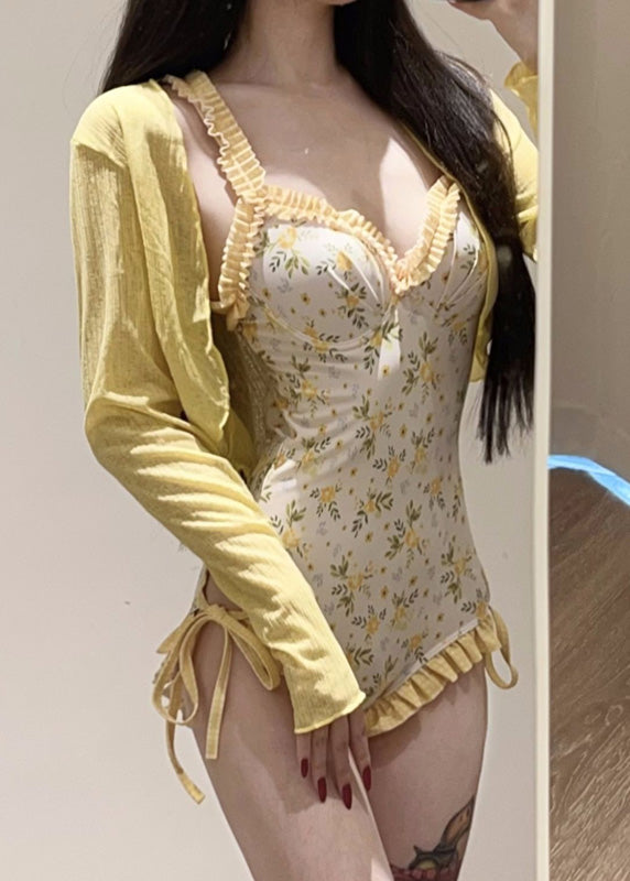 Beautiful Yellow Print Smock And Bodysuit Lingerie Set