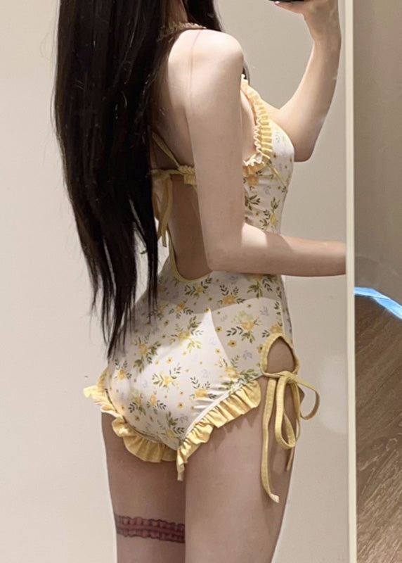 Beautiful Yellow Print Smock And Bodysuit Lingerie Set
