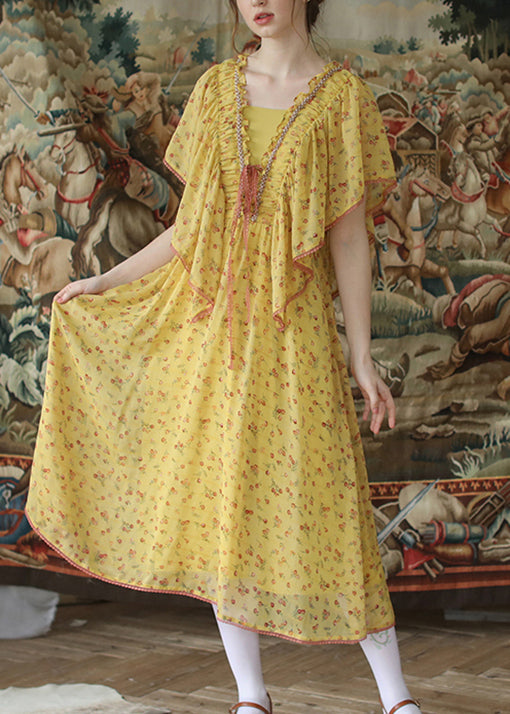 Beautiful Yellow Ruffled Lace Up Nail Bead Chiffon Long Dresses Summer