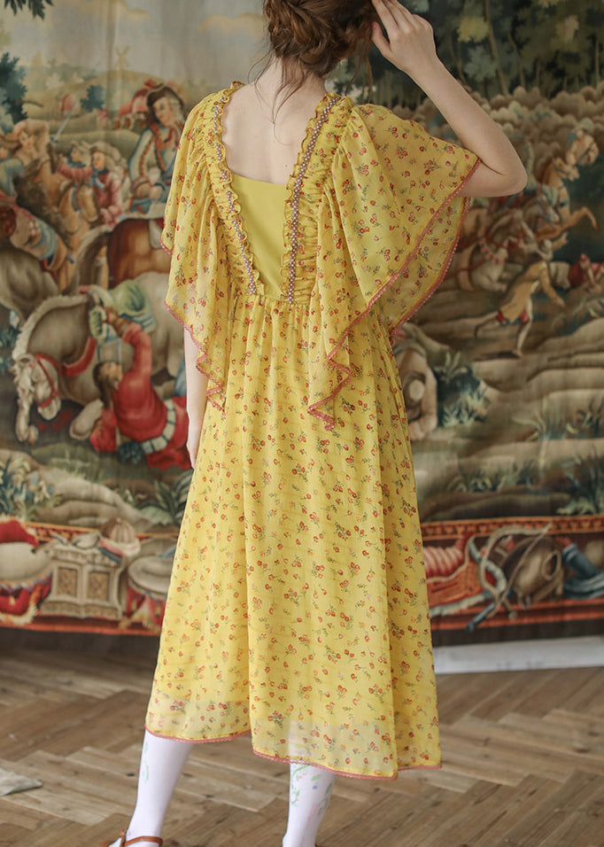Beautiful Yellow Ruffled Lace Up Nail Bead Chiffon Long Dresses Summer