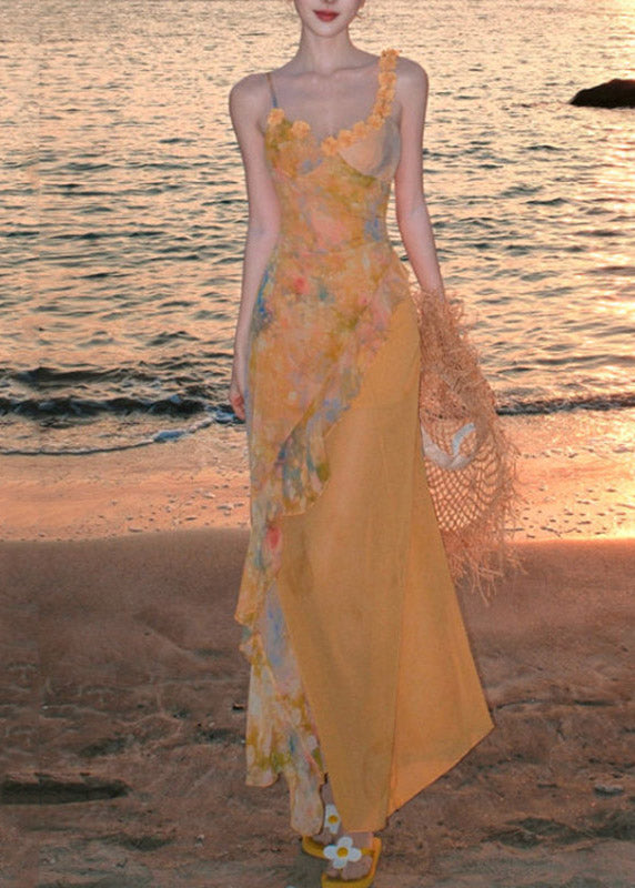 Beautiful Yellow Ruffled Print Chiffon Long Spaghetti Strap Dress Summer