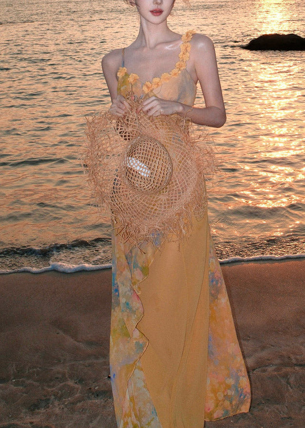 Beautiful Yellow Ruffled Print Chiffon Long Spaghetti Strap Dress Summer