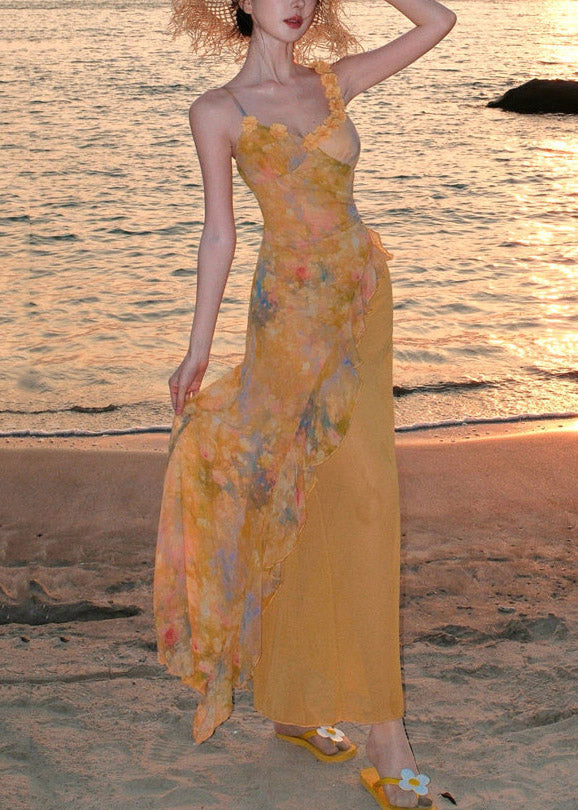Beautiful Yellow Ruffled Print Chiffon Long Spaghetti Strap Dress Summer
