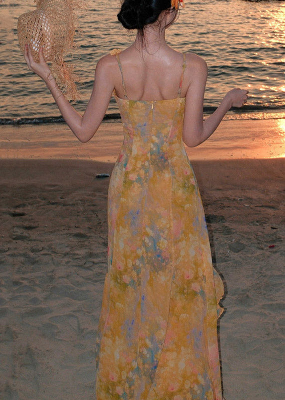 Beautiful Yellow Ruffled Print Chiffon Long Spaghetti Strap Dress Summer