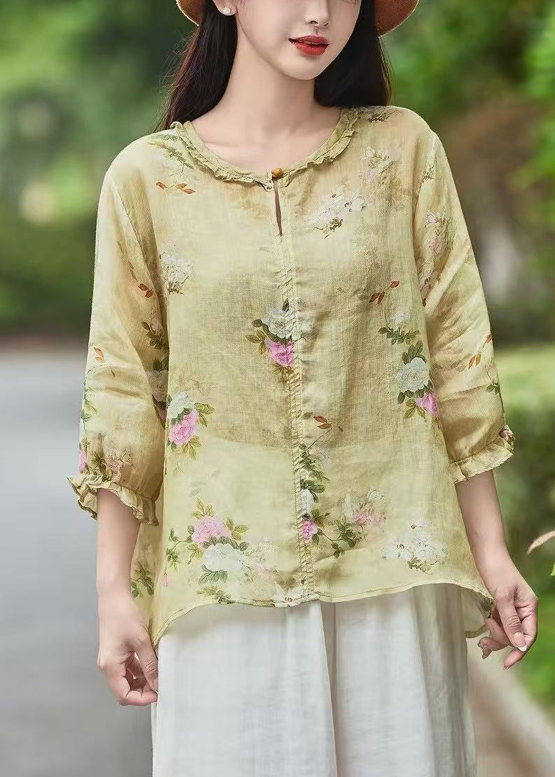 Beautiful Yellow Ruffled Print Linen Blouse Bracelet Sleeve