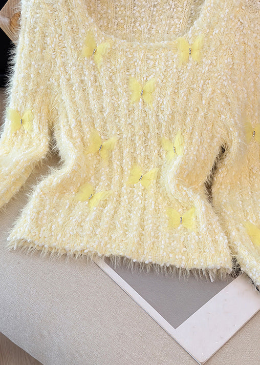 Beautiful Yellow Square Collar Butterfly Knit Sweaters Winter