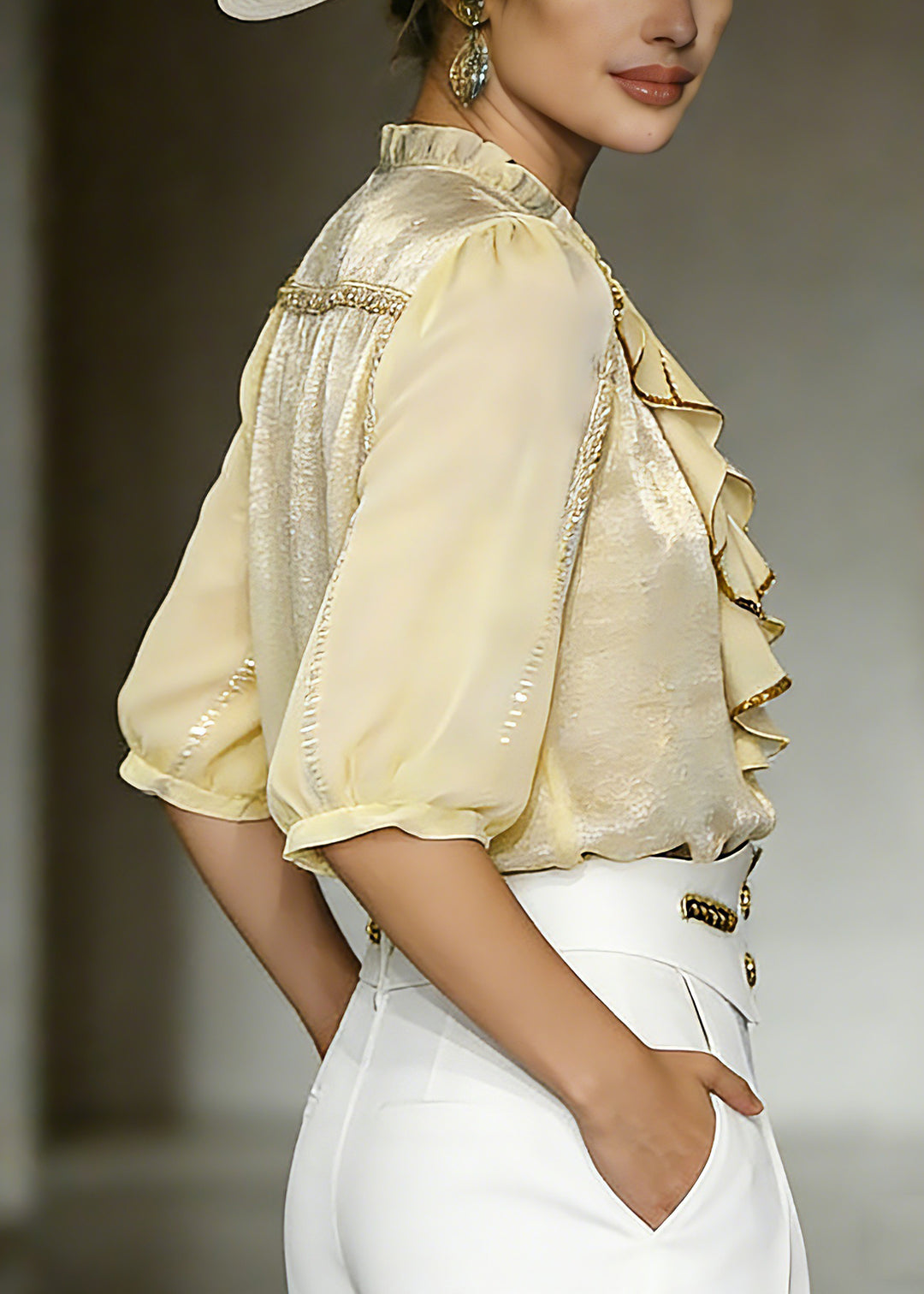 Beautiful Yellow Stand Collar Ruffled Chiffon Shirt Summer