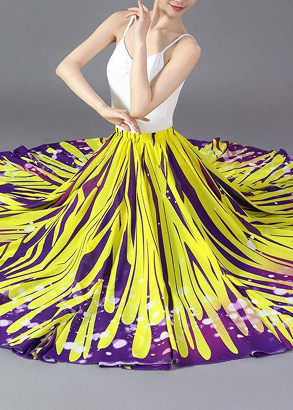 Beautiful Yellow Striped Elastic Waist Chiffon A Line Skirts Summer