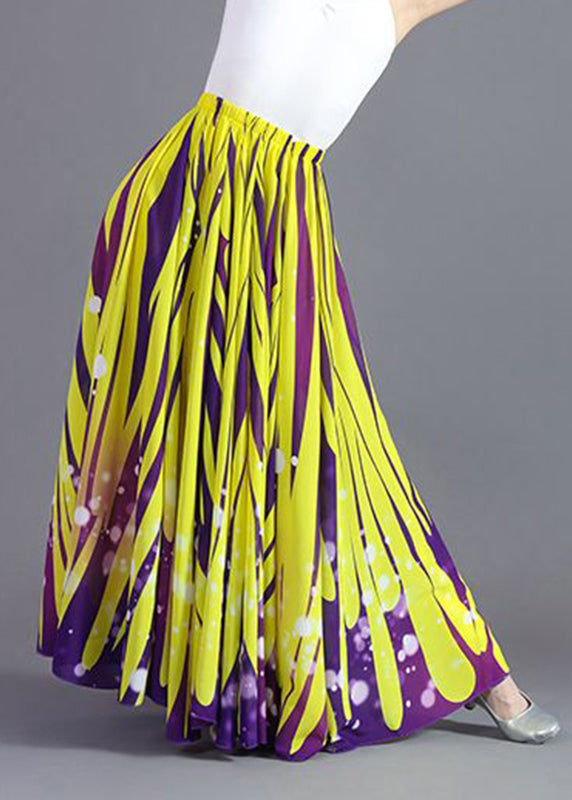 Beautiful Yellow Striped Elastic Waist Chiffon A Line Skirts Summer