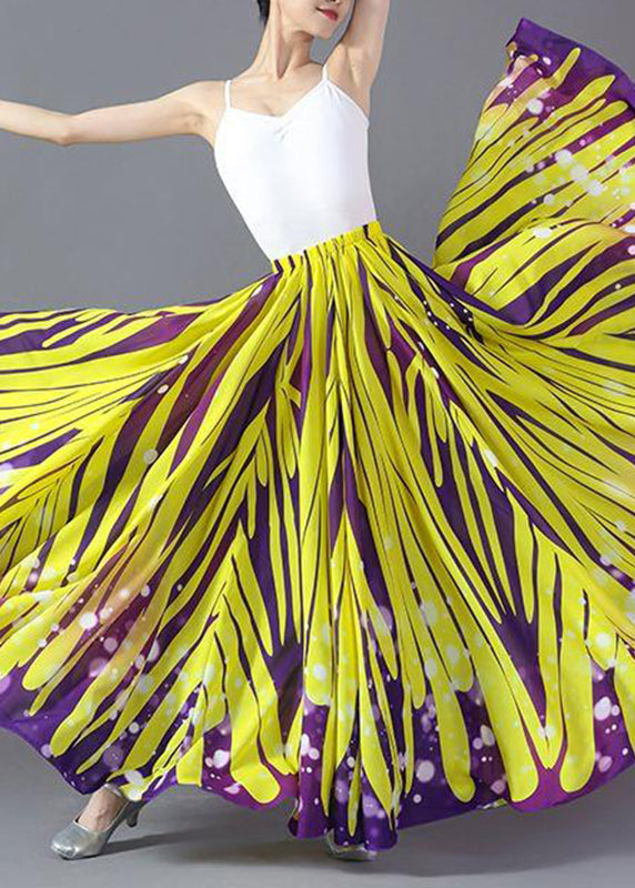 Beautiful Yellow Striped Elastic Waist Chiffon A Line Skirts Summer