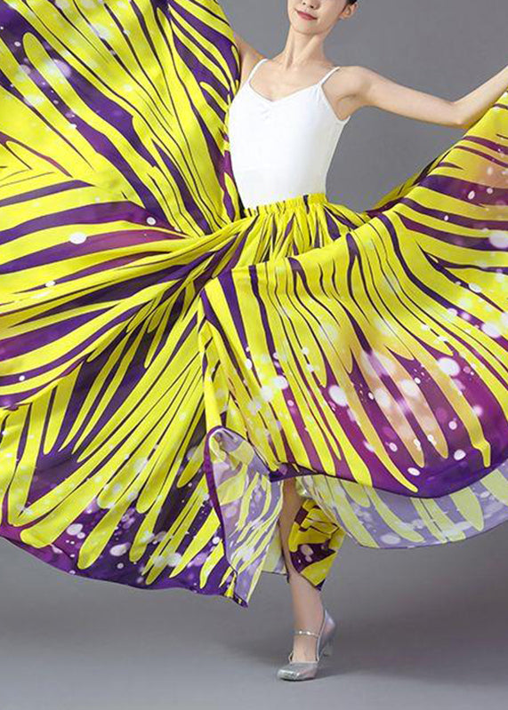 Beautiful Yellow Striped Elastic Waist Chiffon A Line Skirts Summer