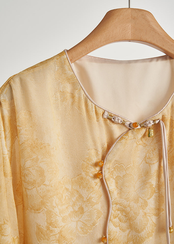 Beautiful Yellow Tasseled Print Silk Coats Fall