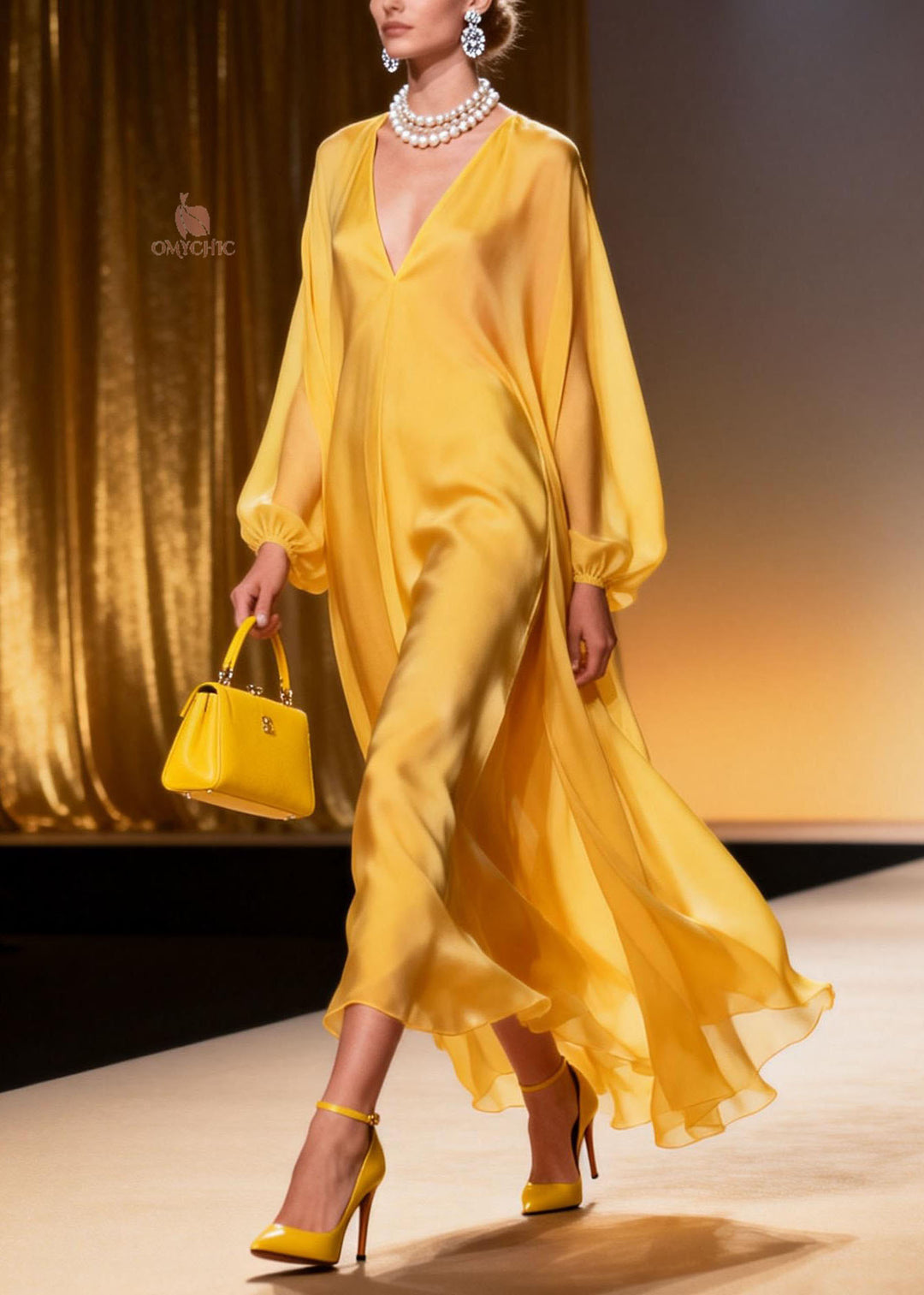 Beautiful Yellow V Neck Chiffon Long Dresses Spring