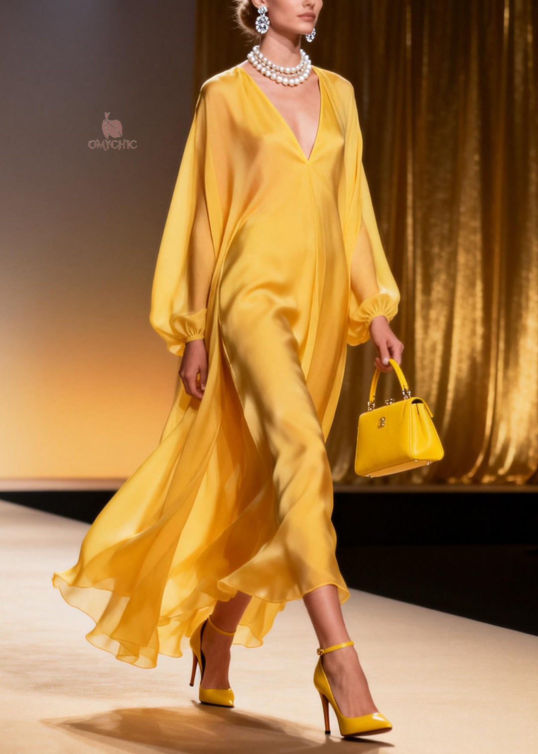 Beautiful Yellow V Neck Chiffon Long Dresses Spring