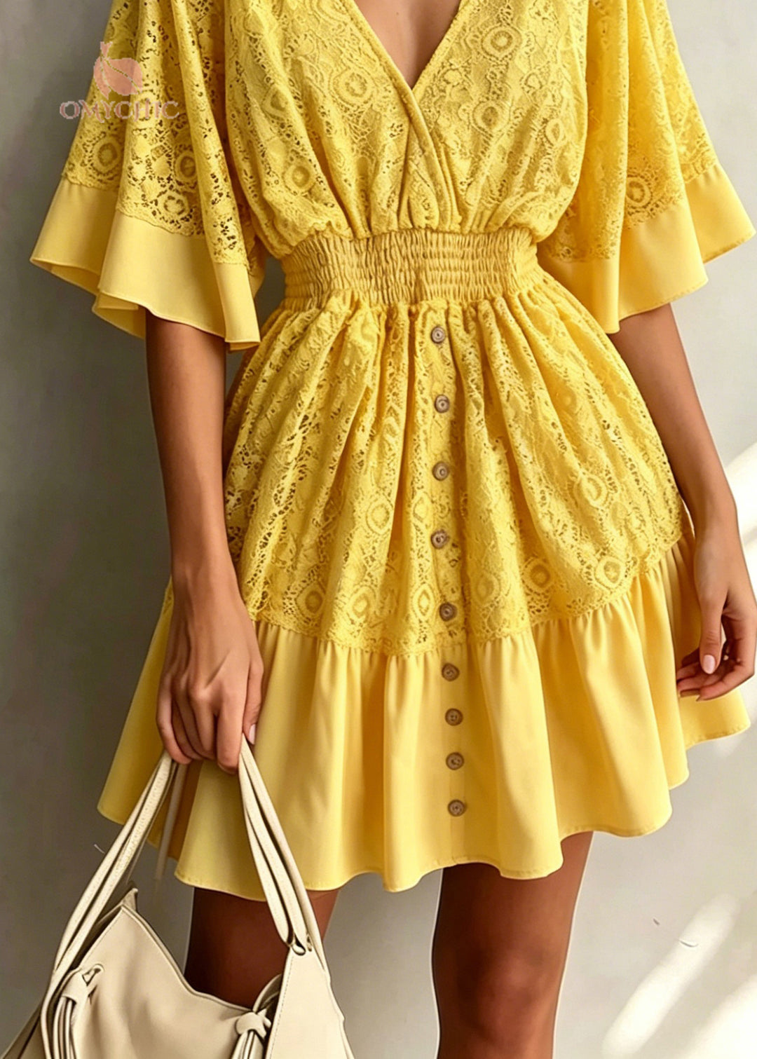 Beautiful Yellow V Neck Patchwork Lace Dresses Flare Sleeve