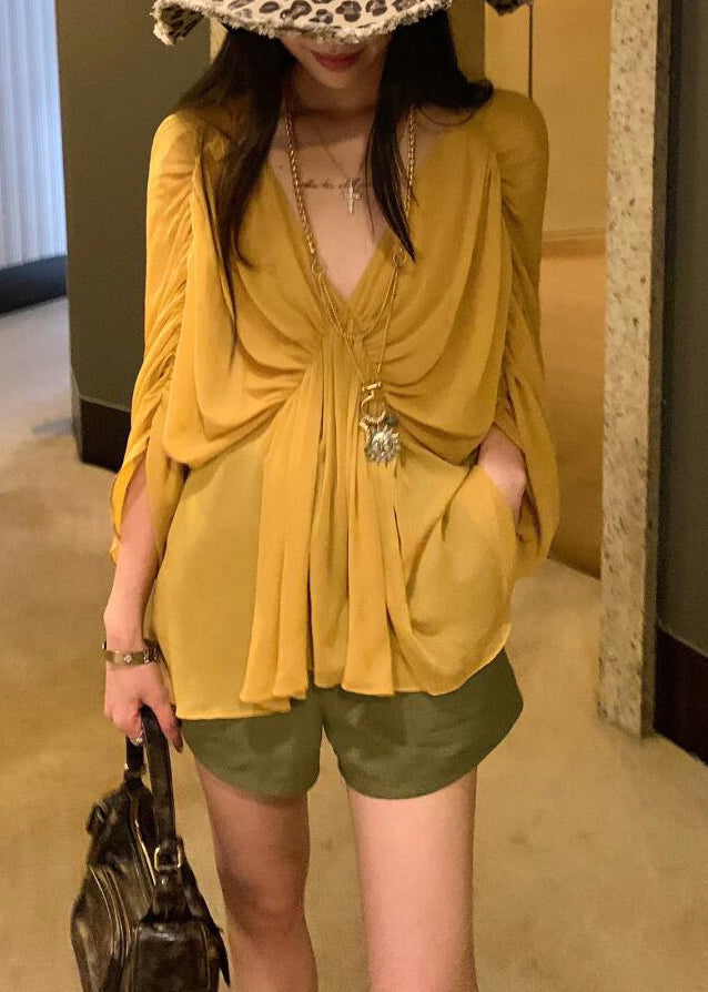 Beautiful Yellow V Neck Wrinkled Shirt Batwing Sleeve