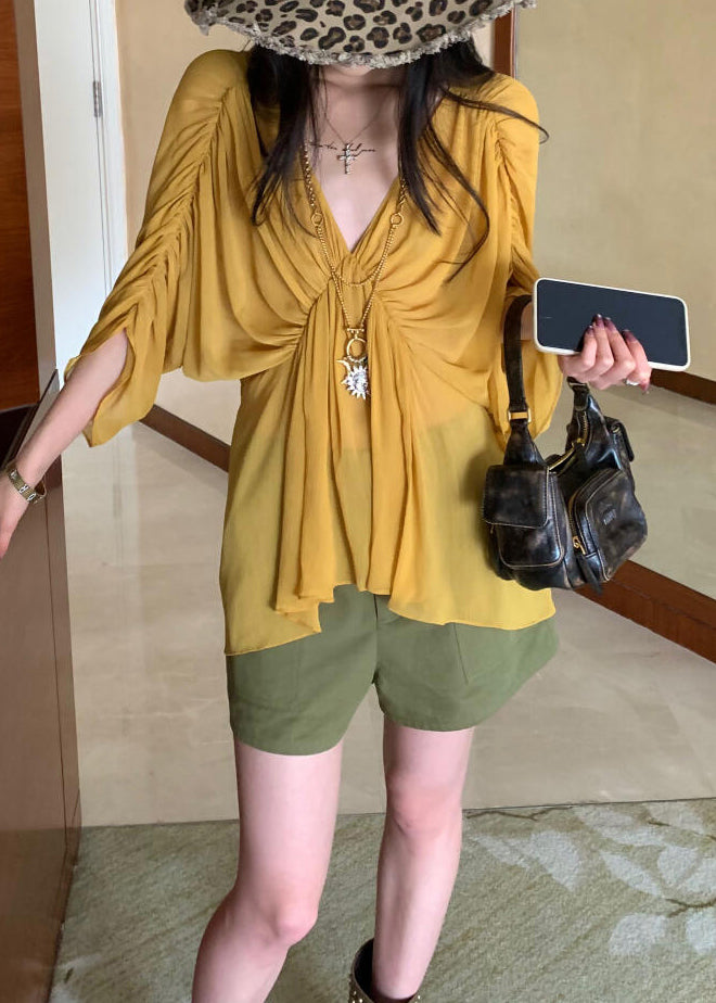 Beautiful Yellow V Neck Wrinkled Shirt Batwing Sleeve