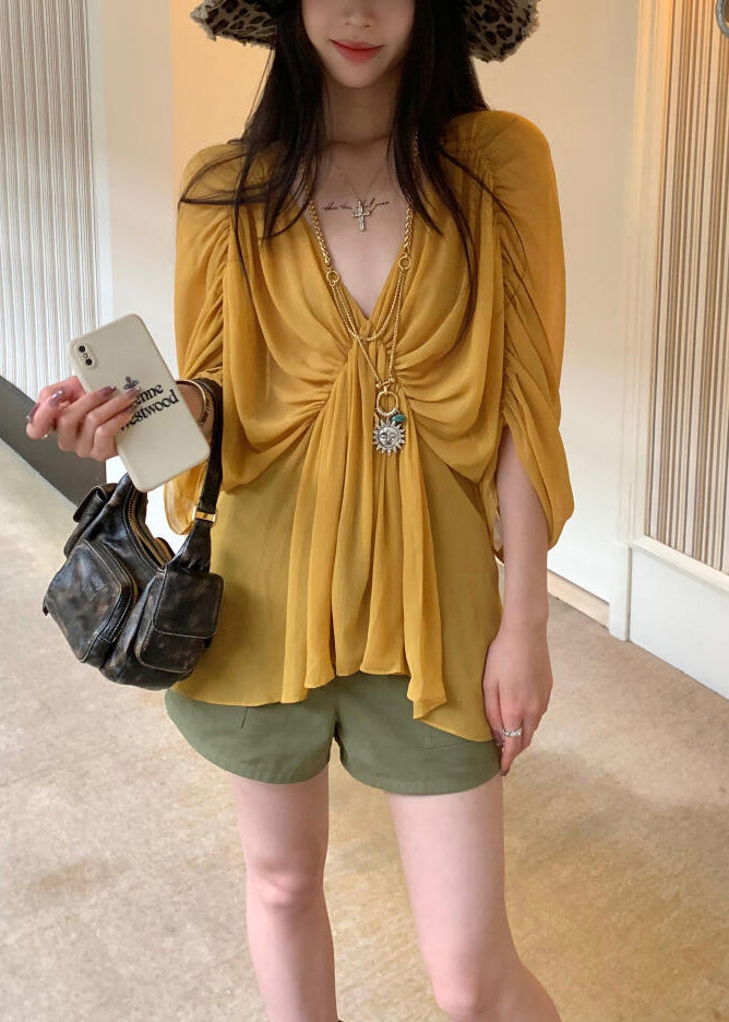 Beautiful Yellow V Neck Wrinkled Shirt Batwing Sleeve