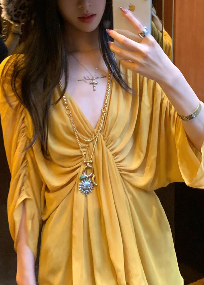 Beautiful Yellow V Neck Wrinkled Shirt Batwing Sleeve