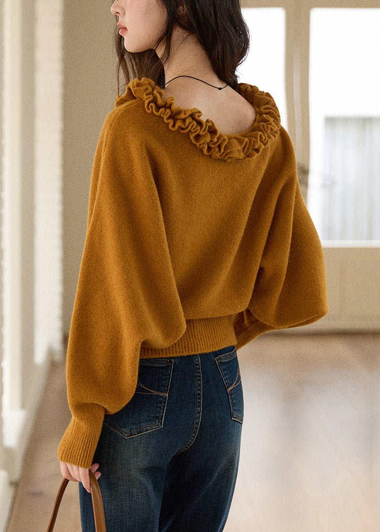 Beautiful Yellowish Brown Ruffled Solid Knit Sweaters Winter