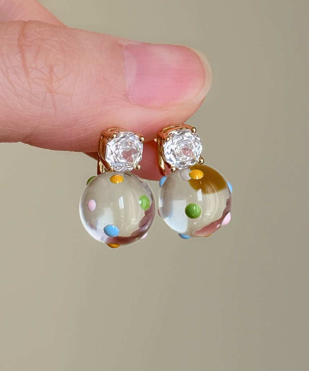 Beautiful Zircon Alloy Glass Beads Colorful Dots Drop Earrings
