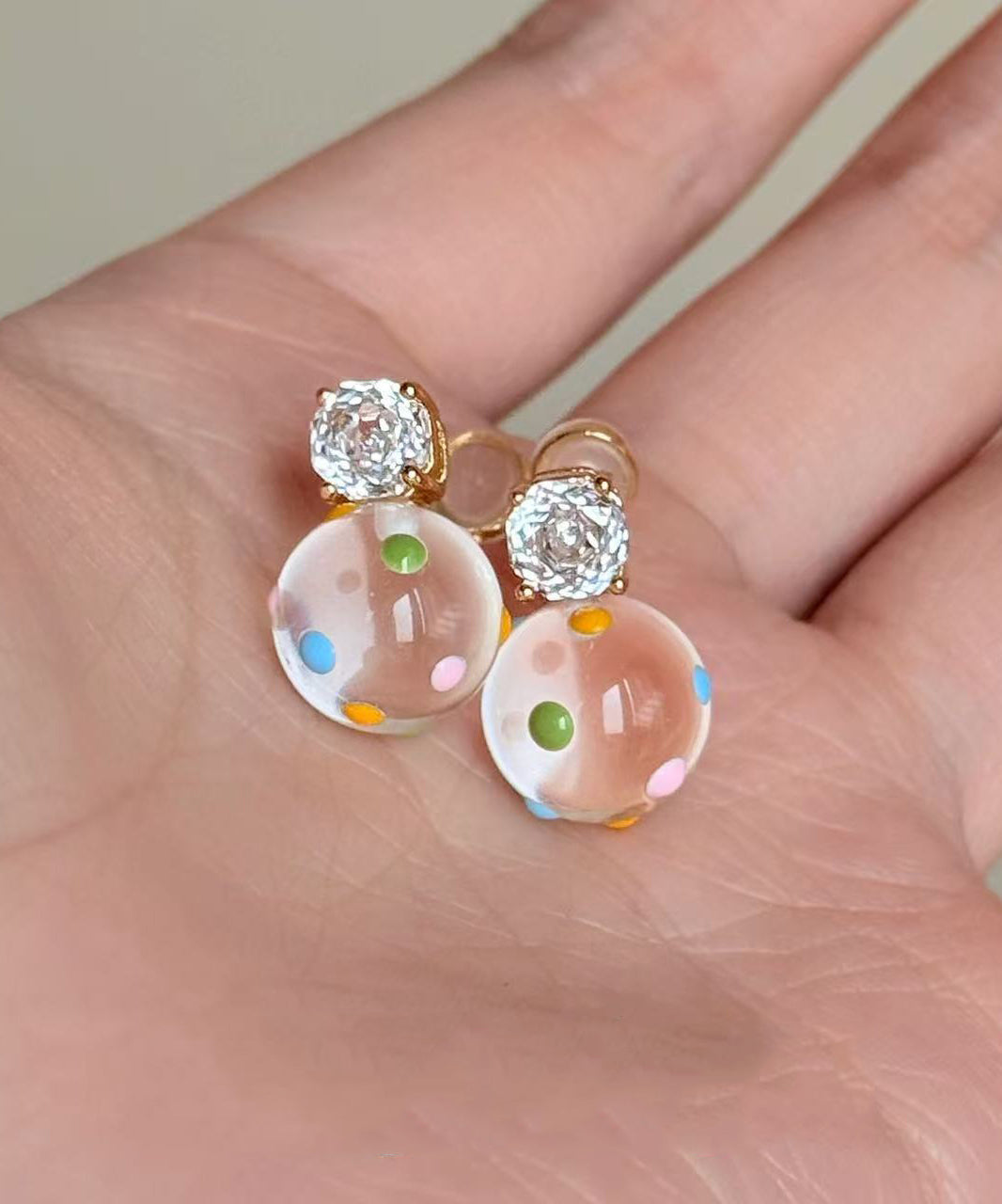 Beautiful Zircon Alloy Glass Beads Colorful Dots Drop Earrings
