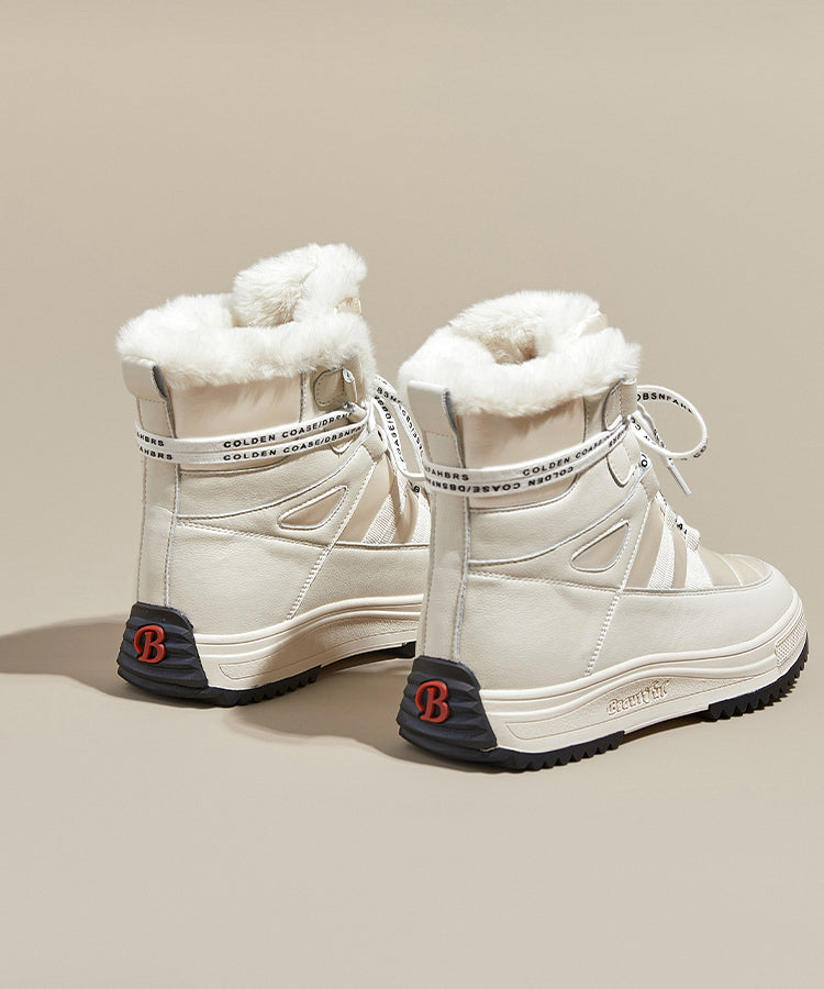 Beige Boots Platform Cowhide Leather Fitted Splicing Lace Up