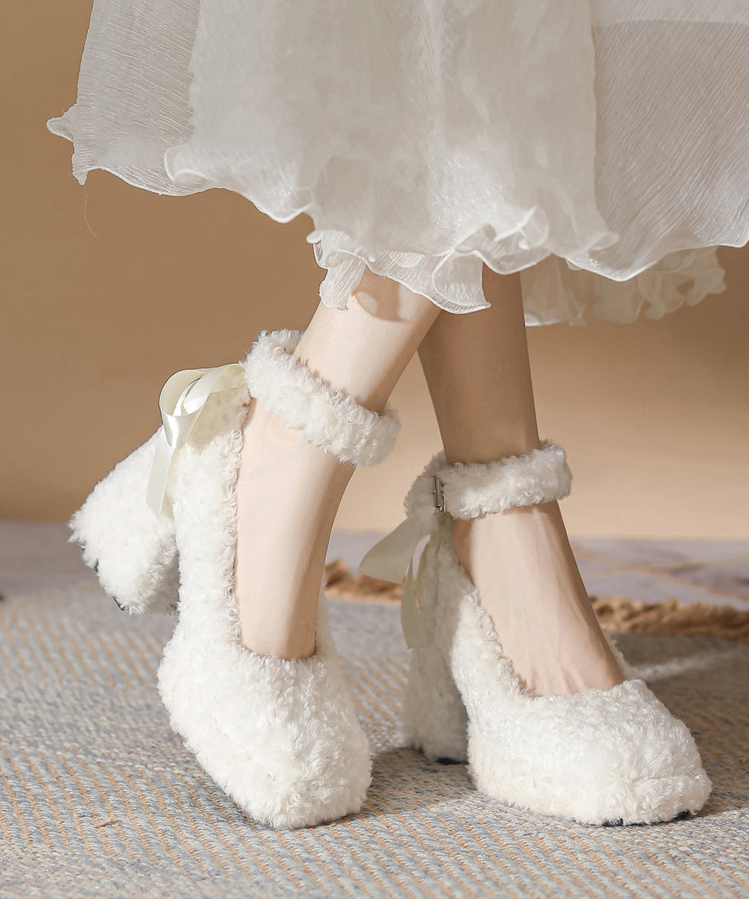 Beige Bow Faux Fur Boutique Splicing Chunky High Heels