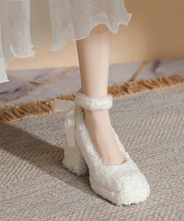 Beige Bow Faux Fur Boutique Splicing Chunky High Heels