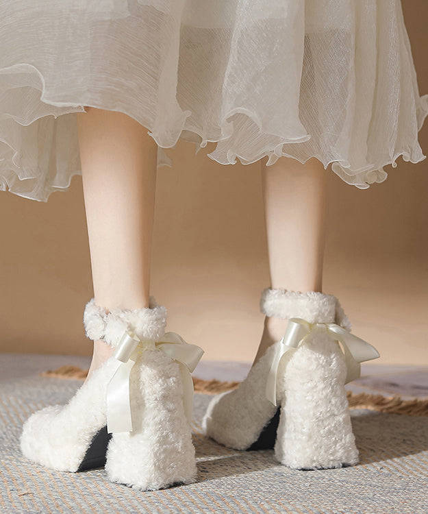Beige Bow Faux Fur Boutique Splicing Chunky High Heels