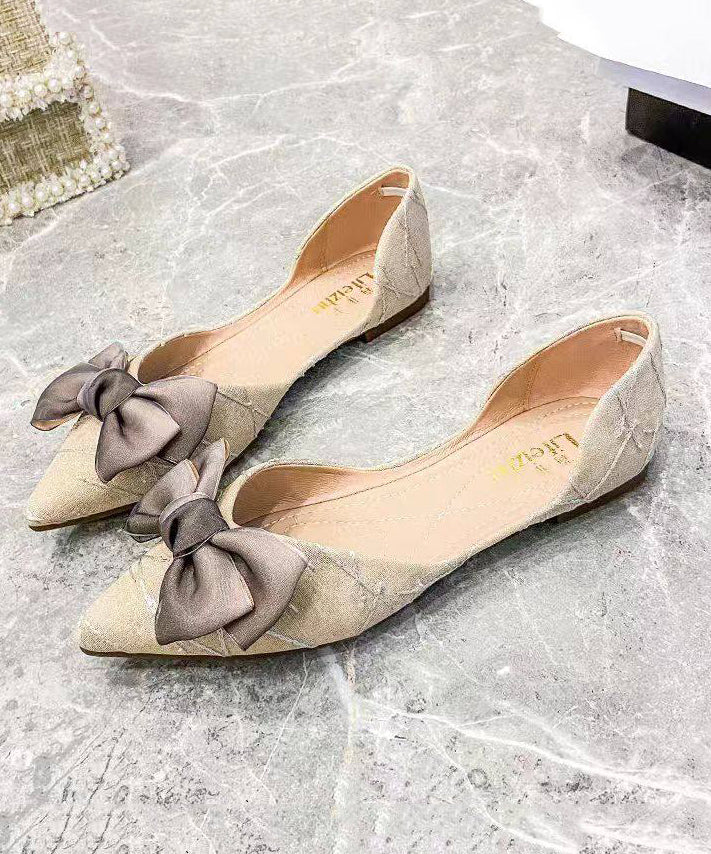 Beige Bow Women Splicing Flat Feet Shoes Pointed Toe
