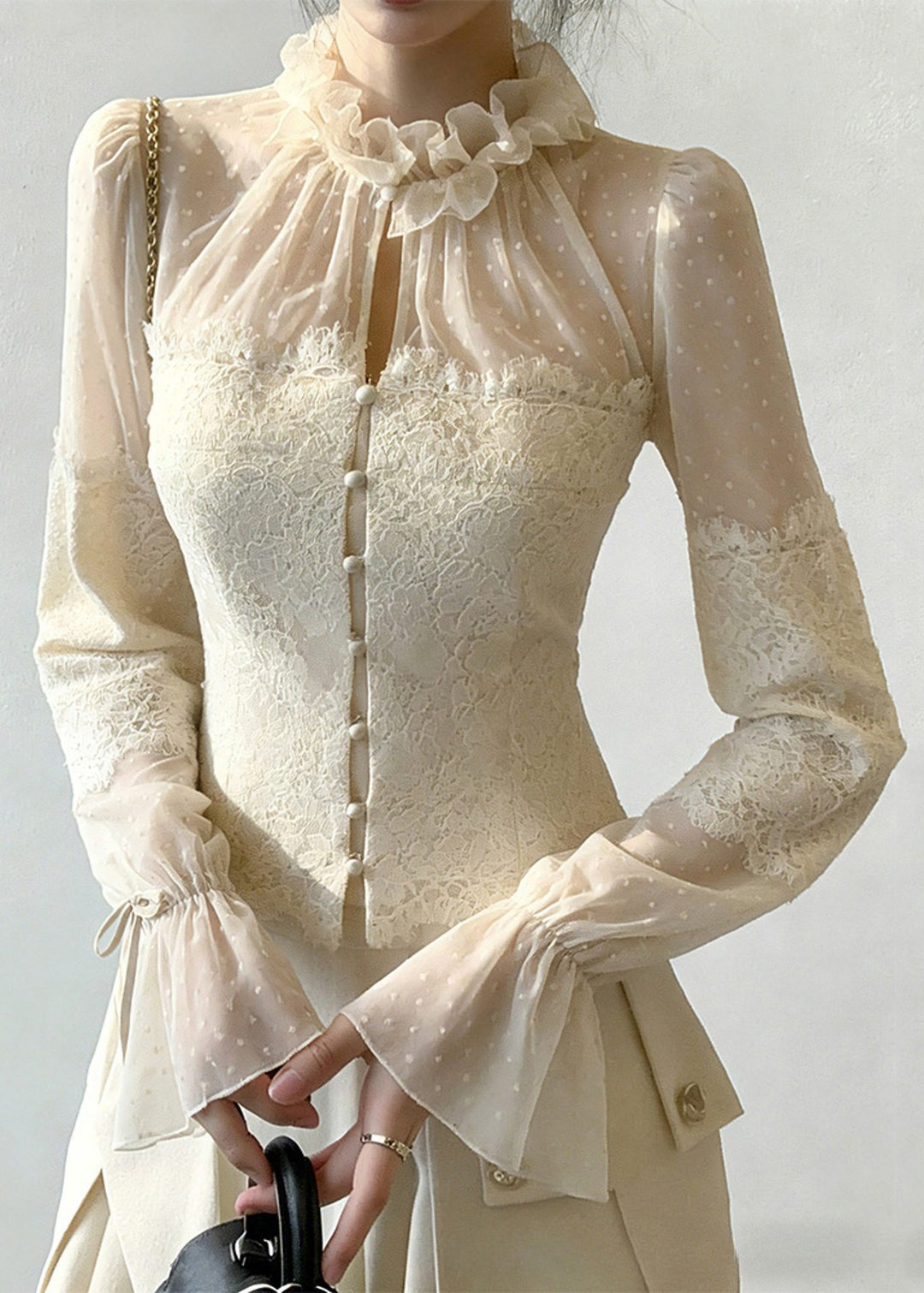 Beige Button Lace Patchwork Blouse Ruffled Flare Sleeve