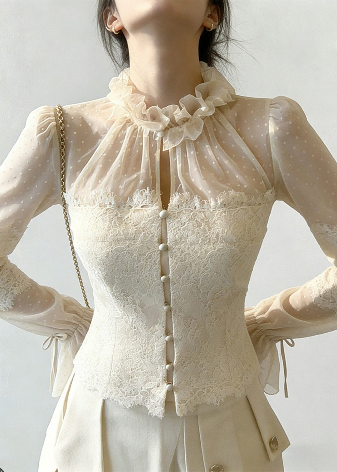 Beige Button Lace Patchwork Blouse Ruffled Flare Sleeve