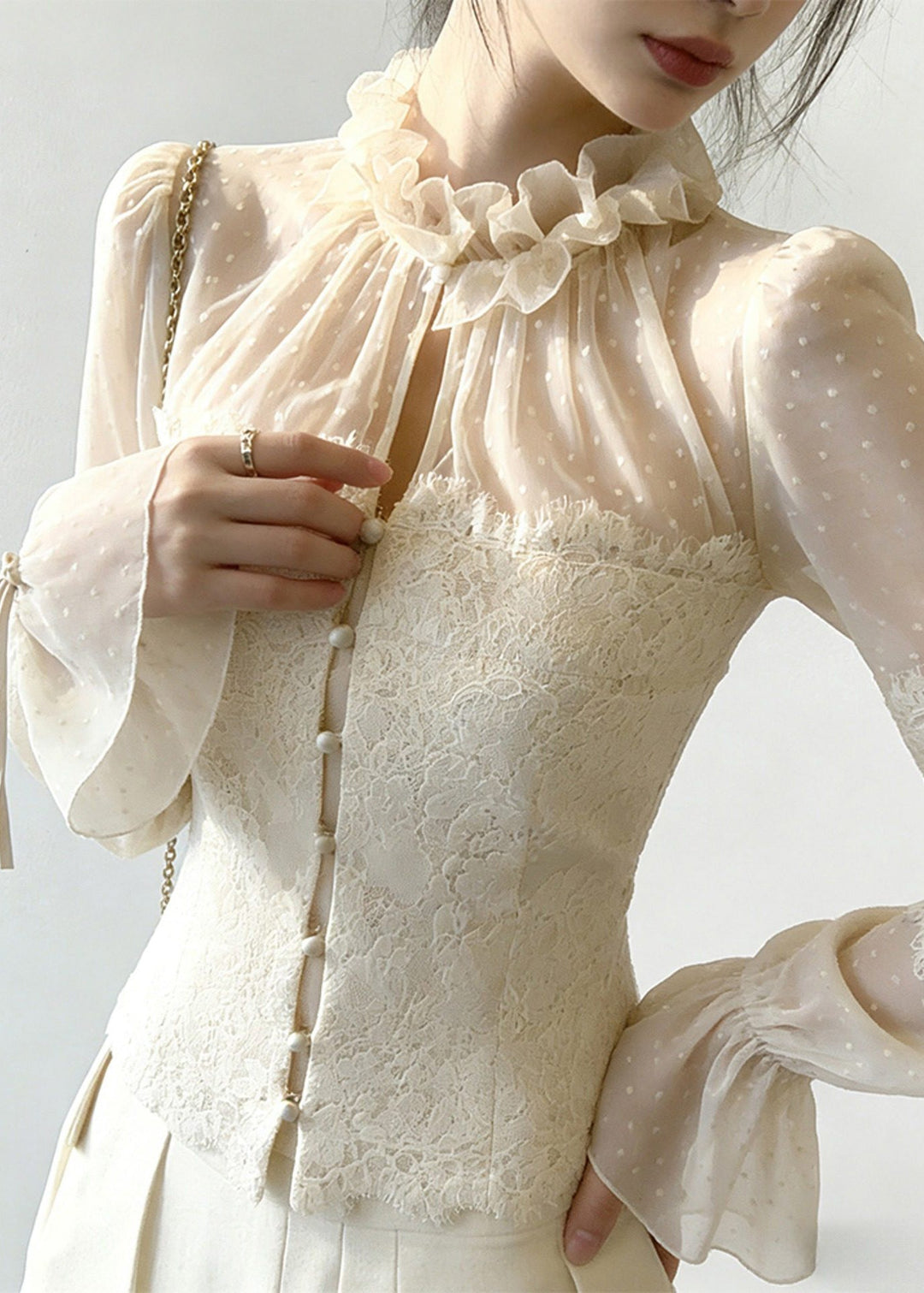 Beige Button Lace Patchwork Blouse Ruffled Flare Sleeve