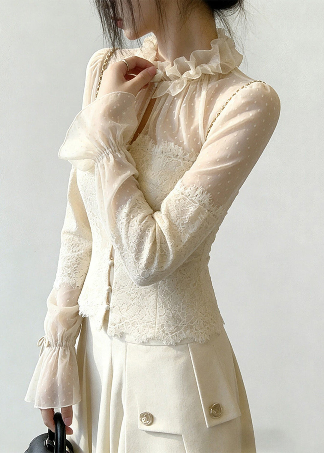 Beige Button Lace Patchwork Blouse Ruffled Flare Sleeve