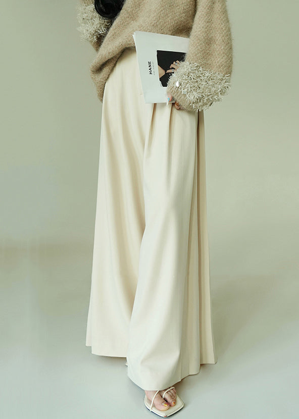 Beige Button Pockets Spandex Wide Leg Pants High Waist