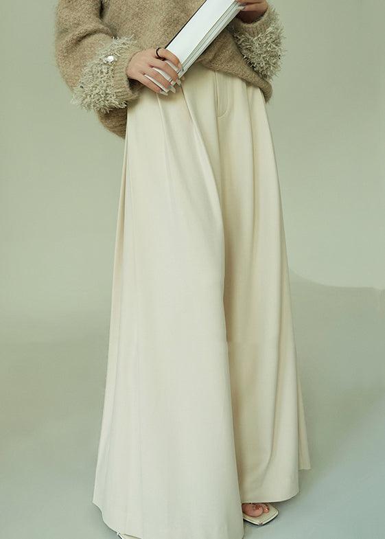 Beige Button Pockets Spandex Wide Leg Pants High Waist