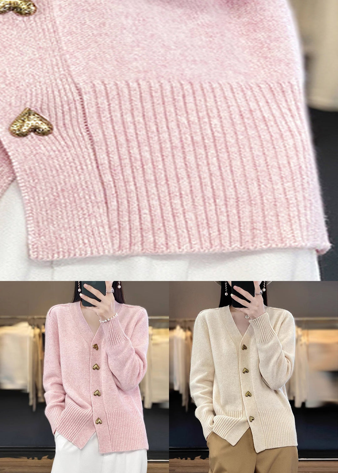 Beige Button Solid Knit Coats V Neck Spring