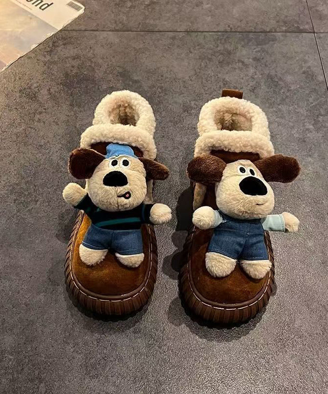 Beige Cartoon Dogs Splicing Platform Boots Fuzzy Wool Lined
