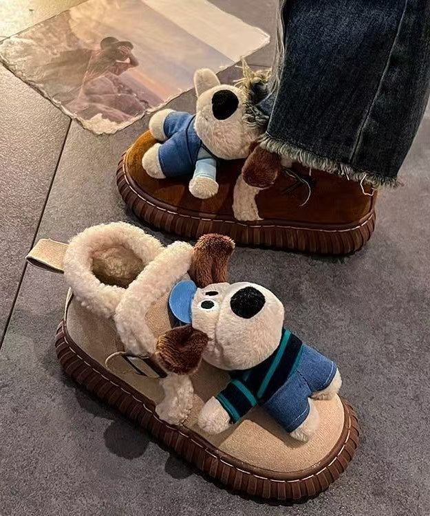 Beige Cartoon Dogs Splicing Platform Boots Fuzzy Wool Lined
