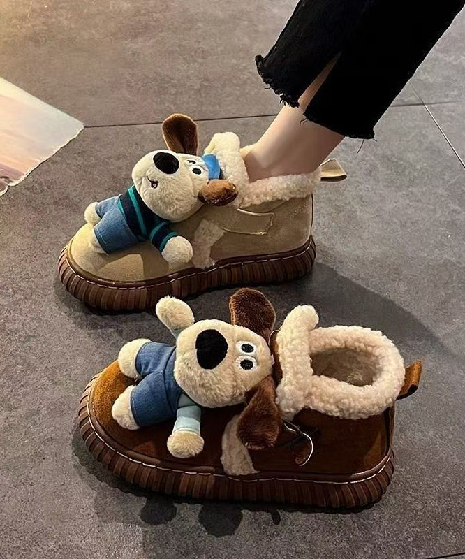 Beige Cartoon Dogs Splicing Platform Boots Fuzzy Wool Lined