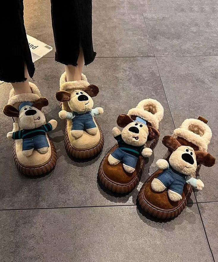 Beige Cartoon Dogs Splicing Platform Boots Fuzzy Wool Lined
